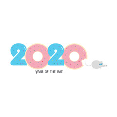 Numbers 2020 from the donuts with glaze. Cute cartoon rat or mouse. Symbol of the year. Sweet New year and Christmas. Year Of The Rat 2020. Holiday greeting card. Flat vector illustration.