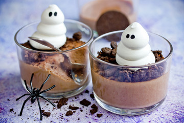 Halloween ghost chocolate dessert in glass for kids party