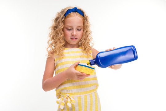 Picture Of Happy Child With Fair Red Curly Hair Washing Dishes Andhelps Her Mum Isolated On White Background