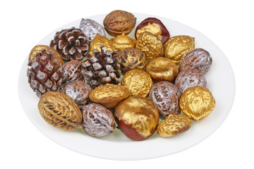 Beautiful fir and pine trees golden and silver cones and forest nuts heap  for the Christmas wreath  isolated macro