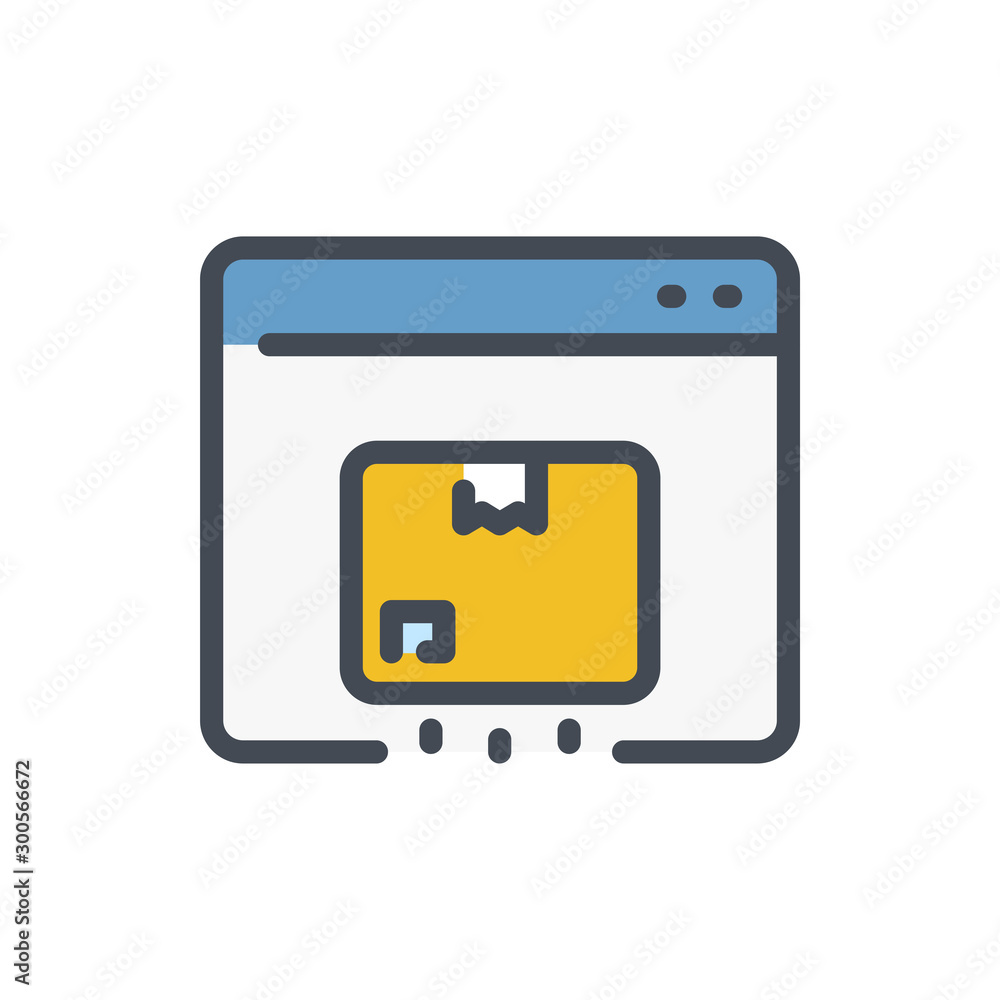 Poster online store order color line icon. web page with delivery box vector outline colorful sign.