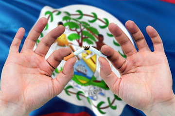 Belize quit smoking cigarettes concept. Adult man hands breaking cigarette. National health theme and country flag background.