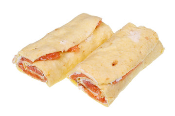 Lavash rolls with smoked salmon and soft cheese isolated macro