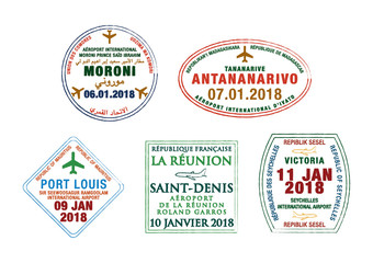 Obraz premium Set of stylised passport stamps for airports of Madagascar, Seychelles, Comoros, Réunion and Mauritius in vector format.