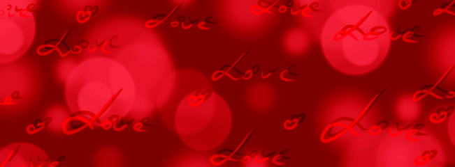 Romantic background for Valentine's day. Lettering Love and hearts on a red background with blurry bokeh.