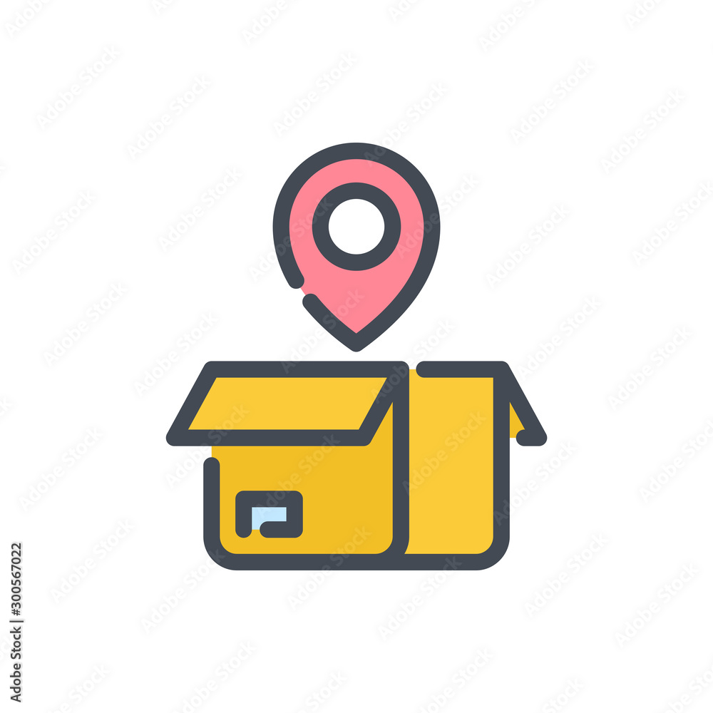 Poster delivery address color line icon. open box with location pointer vector outline colorful sign.