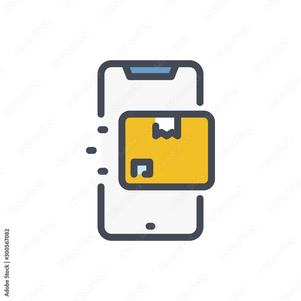 Poster online delivery color line icon. mobile phone with box on display vector outline colorful sign.