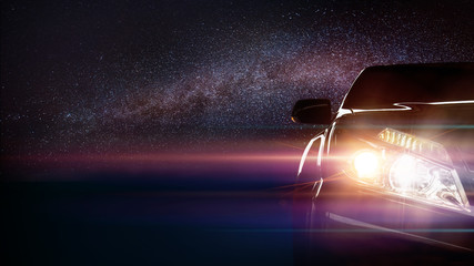 Car of light with Milky Way background