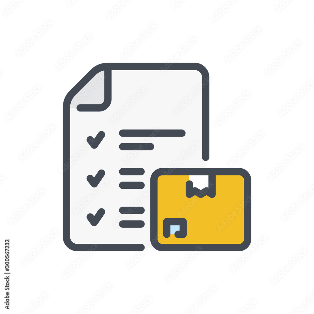 Poster checklist with box color line icon. delivery plan and shipping status vector outline colorful sign.