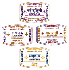Set of stylised passport stamps for major airports of northern India in vector format.