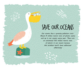 Eco poster with pelican. Stop plastic pollution.