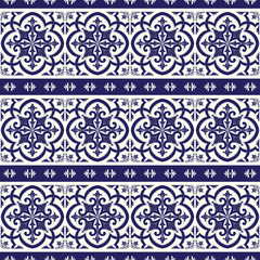 Spanish tile pattern vector seamless with border vintage ornaments. Portuguese azulejos, mexican talavera, delft dutch ceramic or italian sicily majolica. Mosaic texture for kitchen or bathroom floor.