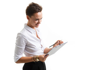 Beautiful caucasian female in office clothes read notes