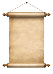 old vertical paper scroll hanging on rope isolated