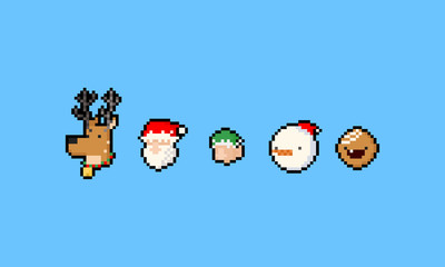 Pixel art cartoon christmas icon set.