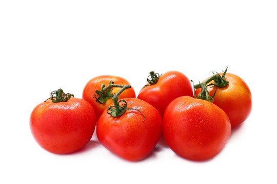 Tomato red color isolated white background, group of fresh tomato with water drops skin, organic fruit vegetable for cooking in kitchen