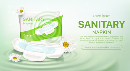Sanitary napkins package with chamomile flower mock up banner. Feminine hygienic pads pack with protective product four drops day time, single one with wings, advertising poster Vector 3d illustration © vectorpouch