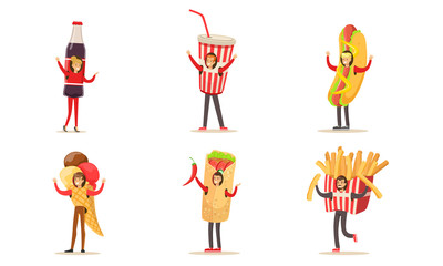 Fototapeta premium Men And Women Wearing Costumes Of Fast Food And Ice Cream For Menu Or Banners Vector Illustration Set Isolated On White Background