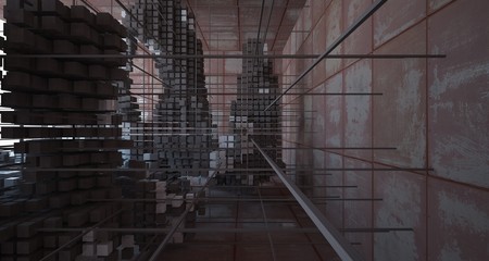 Abstract architectural concrete and rusted metal interior of cubeswith white background . 3D illustration and rendering.