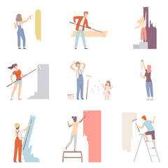Set With People Painting The Wall Men Women And Children Flat Vector Illustration