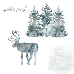 Watercolor winter forest illustration. Textured silhouette of horned reindeer and snowy pine trees, isolated on white. New Year and Christmas themed background.