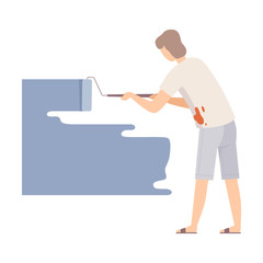 Woman Painter Paints The Wall With Roller In Bluish Grey Flat Vector Illustration