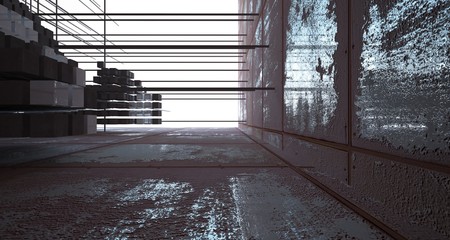 Abstract architectural concrete and rusted metal interior of cubeswith white background . 3D illustration and rendering.