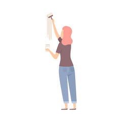 Woman Painter Paints The Wall With Brush In Milky Color Flat Vector Illustration