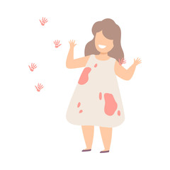 Baby Girl With Fingerprints On The Painted Wall Flat Vector Illustration