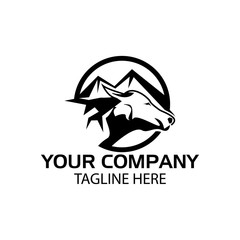 Buffalo logo with mountain, Buffalo head icon. flat design. Vector Illustration on white background	