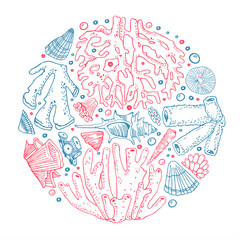 Round composition with outline corals and seashells. Hand drawn vector sketch illustration