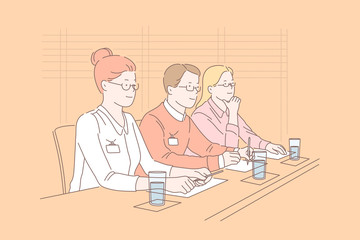 Negotiations, jury, cooperation, deal discussion concept. Board of directors, formal meeting, teamwork, businesspeople and colleagues listening speaker together. Simple flat vector