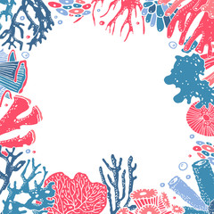 Fototapeta na wymiar Rectangular frame with cartoon corals. Hand drawn vector color illustration