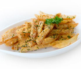 French fries seasoned with Salted Egg on the white plate.