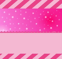 Template for greeting card, invitation, save the date, photo frame. Bright pink, cream colors. Frame, ribbon, polka dot background, stripe background.