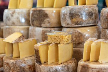 packaged cheeses in organic food market