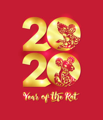 Concept, template for greeting card or envelope for money with Chinese New Year symbols in red and gold. Year of the rat 2020. Chinese hieroglyphs with translations. Vector illustration..