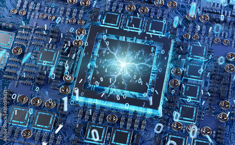 Fototapete close-up view of a modern gpu card with connections 3d rendering