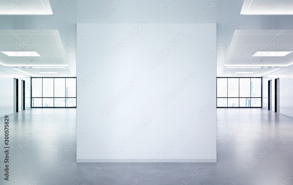 Poster Blank squared wall in office mockup with large windows and sun passing through 3D rendering