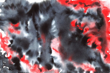 Abstract blurry black-red-white gouache texture, smoke, gloomy fog. Hand drawn stock illustration, background for design.