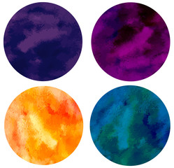 Set of colorful watercolor hand painted round shapes, stains, circles isolated on white. Illustration for artistic design. Vector illustration.