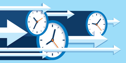 Time forward. Fast decision. 3D clock icon, right arrow, timer on a blue background. Time management. Lots of pointers. Business vector illustration for your presentation