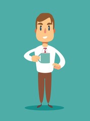 Successful business man. Handsome businessman holding a cup of hot coffee. Cheerful cartoon character. Vector illustration on background