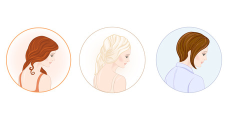 Set of three portraits of beautiful woman 30-39 or 40-49 with a towel on her head with hairstyle and makeup and in office style. Before and after. Hand drawn vector line art illustration.