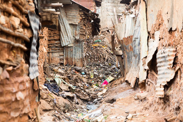 Kibera is the biggest slum in Africa. Slums in Nairobi, Kenya. - obrazy, fototapety, plakaty