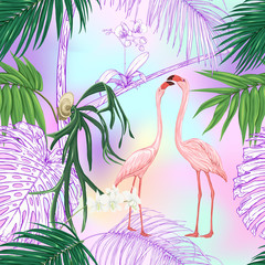 Seamless pattern, background. with tropical plants and flowers with white orchid and tropical birds In light ultra violet pastel mesh background. Colored and outline design. Vector illustration..