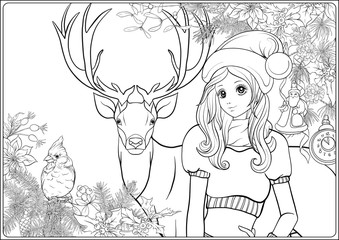 Christmas wreath of spruce, pine, poinsettia, winter bird, deer and nice girl in hat. Coloring page for the adult coloring book. Outline hand drawing vector illustration..