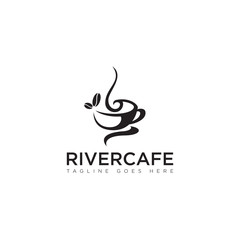 logo river cafe, withabstract mug an coffee beans vector