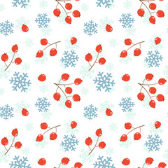 Vector seamless pattern with rowan berries and snowflakes; winter background for fabric, wallpaper, wrapping paper, greeting card, gift box, web design.