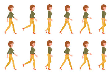 Young adult woman in yellow pants walking sequence poses vector illustration. Moving forward going girl cartoon character set on white background